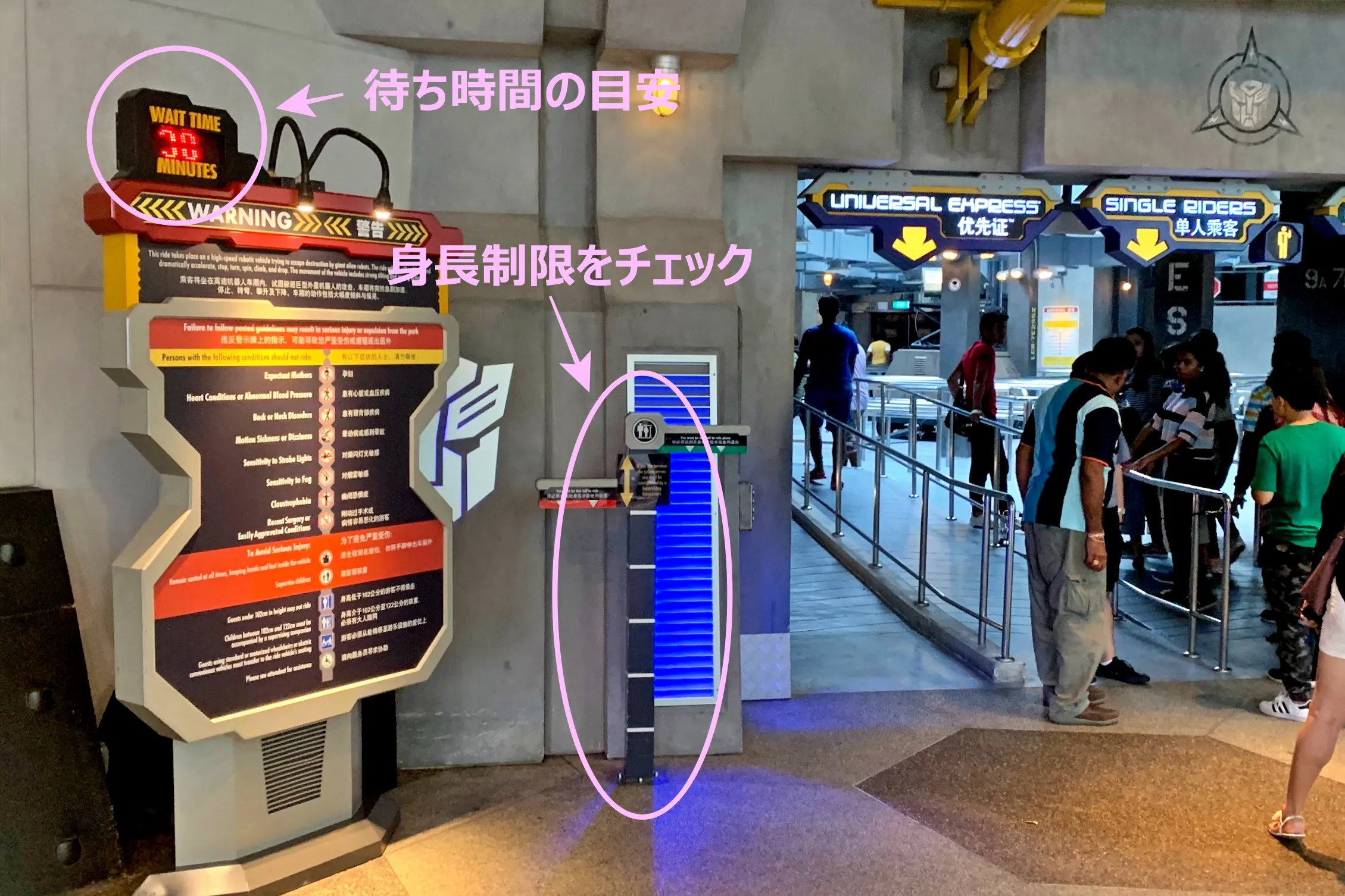 Universal Studios Singapore attractionのエントランス　待ち時間の目安と身長制限の表示
