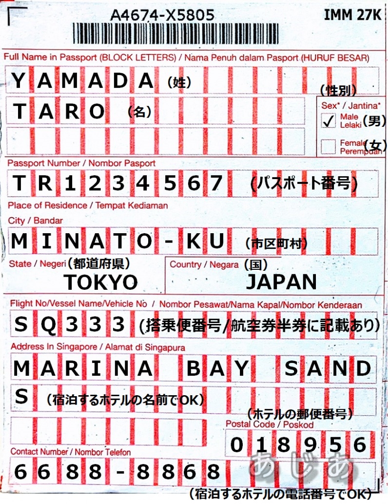 シンガポールの入国カードの書き方と記載例 大きな字でわかりやすく あじあ