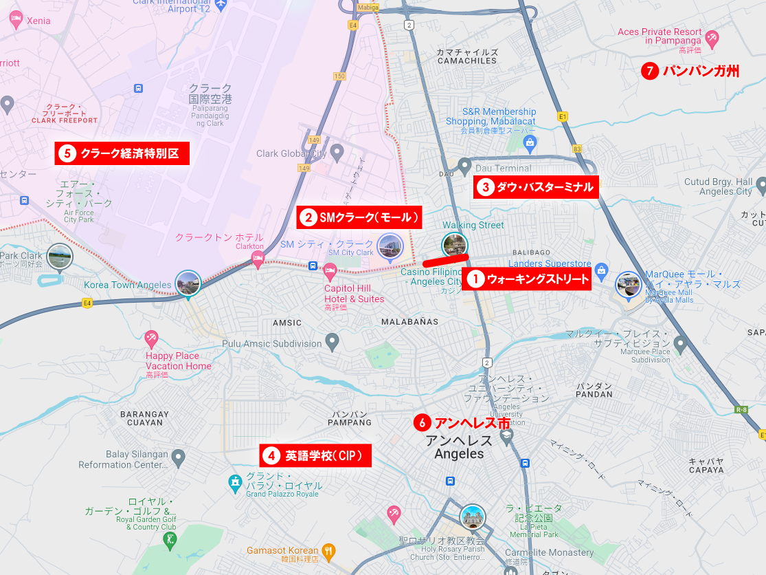 アンヘレス主要スポットの地図