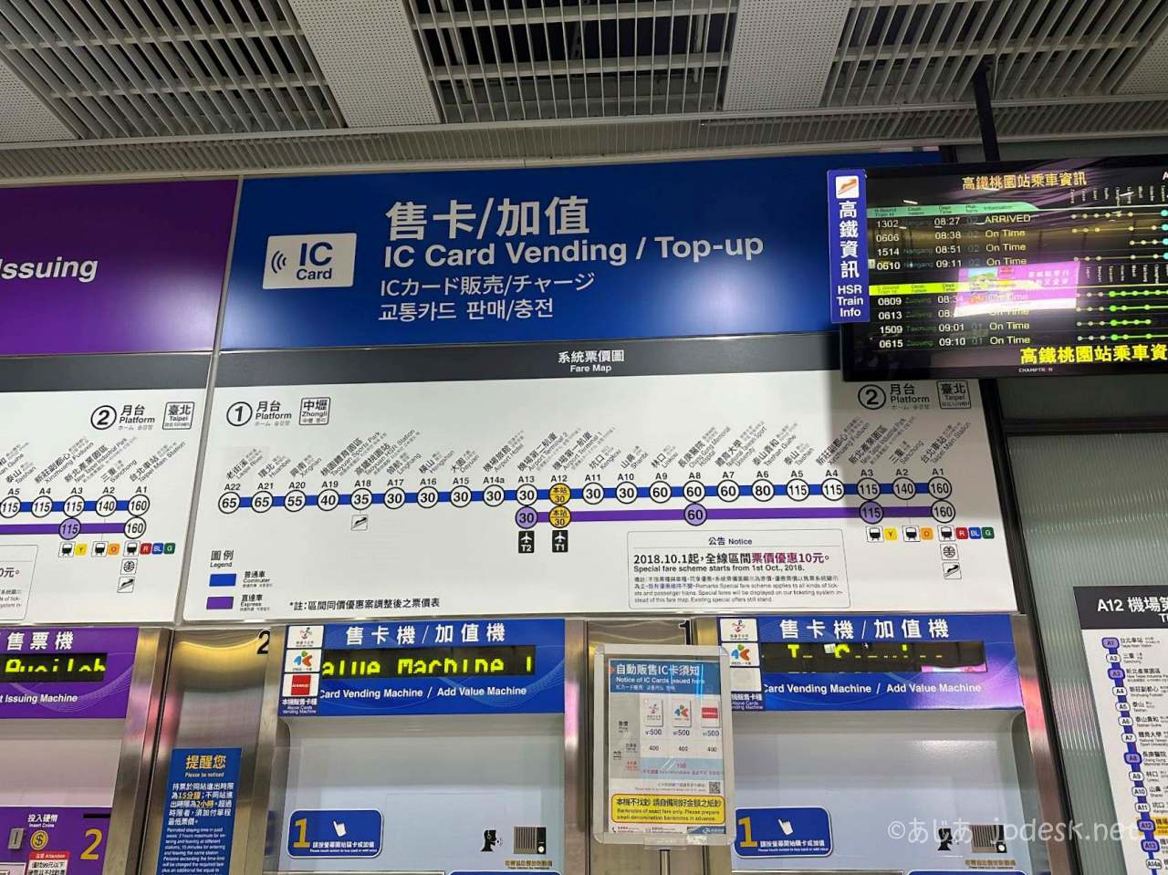 桃園空港MRTの料金表