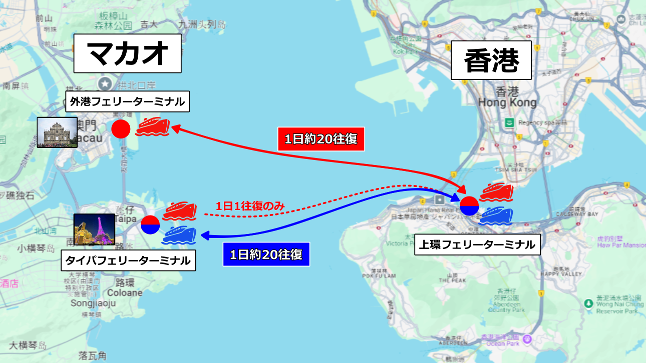 香港マカオ間高速フェリーの航路図・乗り場・ターミナルの図