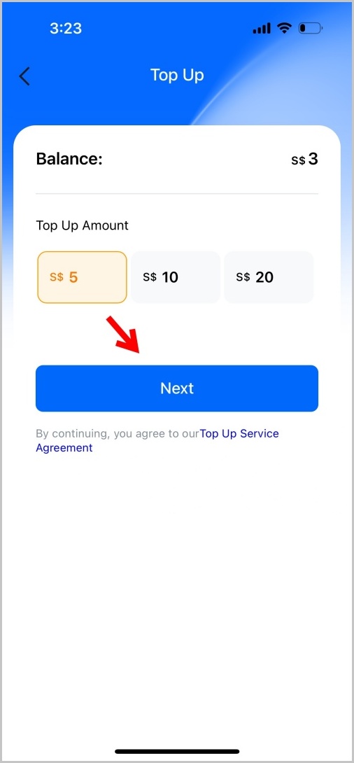 シンガポールのレンタサイクルHello Rideのアプリ画面(top up)