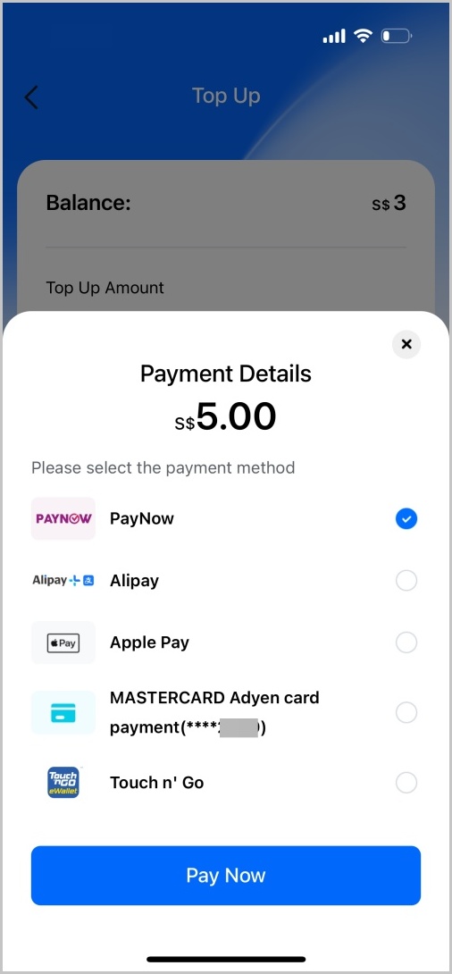 シンガポールのレンタサイクルHello Rideのアプリ画面(支払い方法選択)