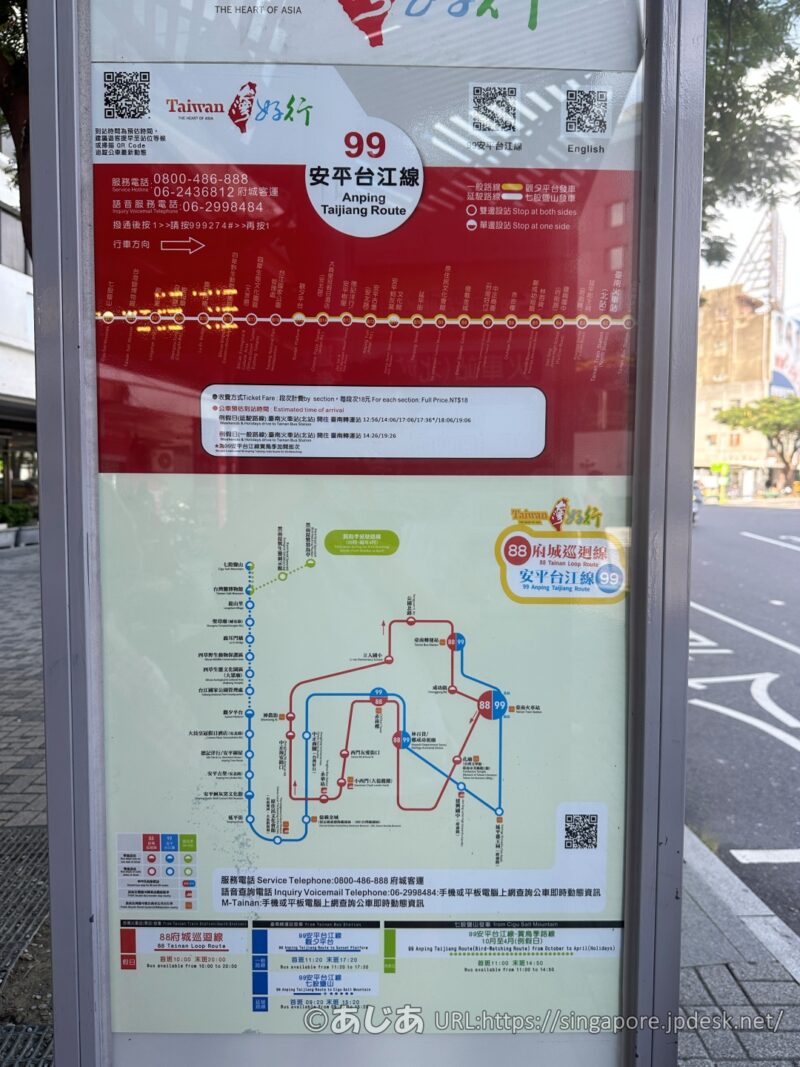 台南駅発安平方面99番安平台江線 停車案内（台南駅バスターミナル）