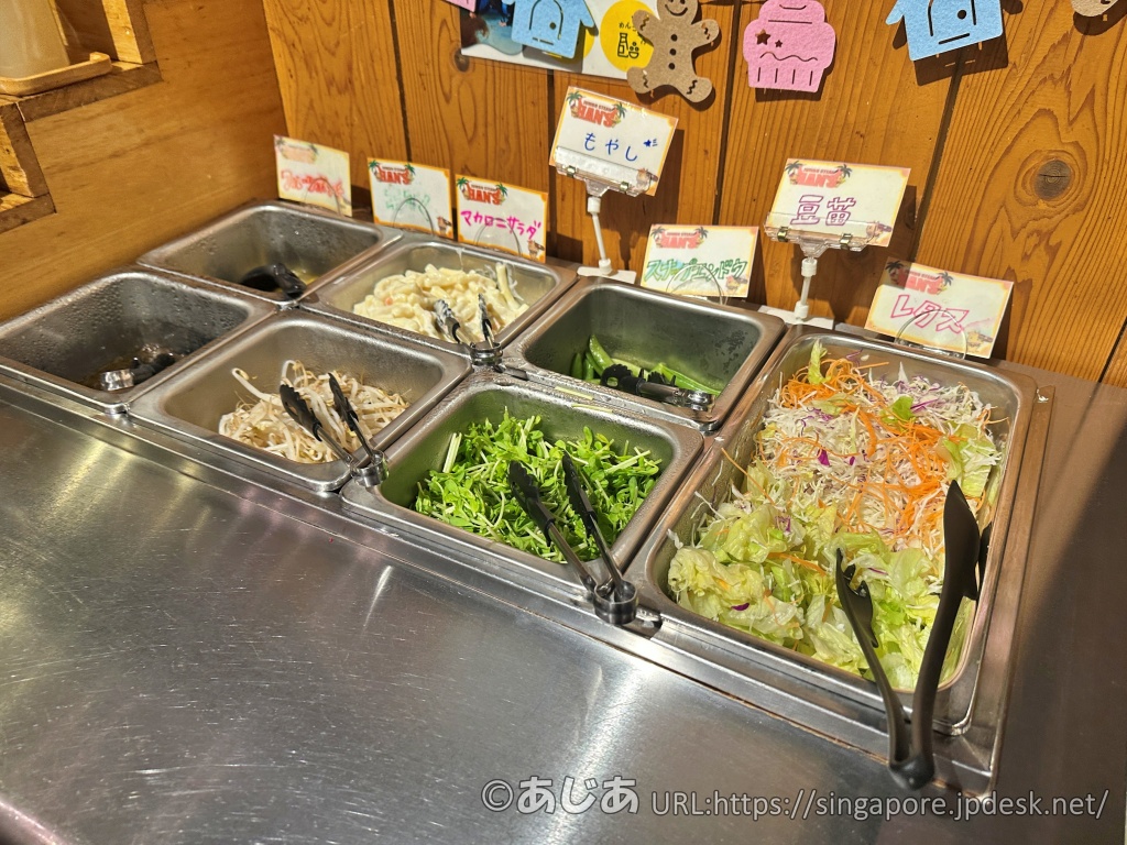 ステンレス製のサラダバー。レタス、キャベツの千切り、豆苗、もやし、マカロニサラダなどがそれぞれの容器に入って並んでいる。