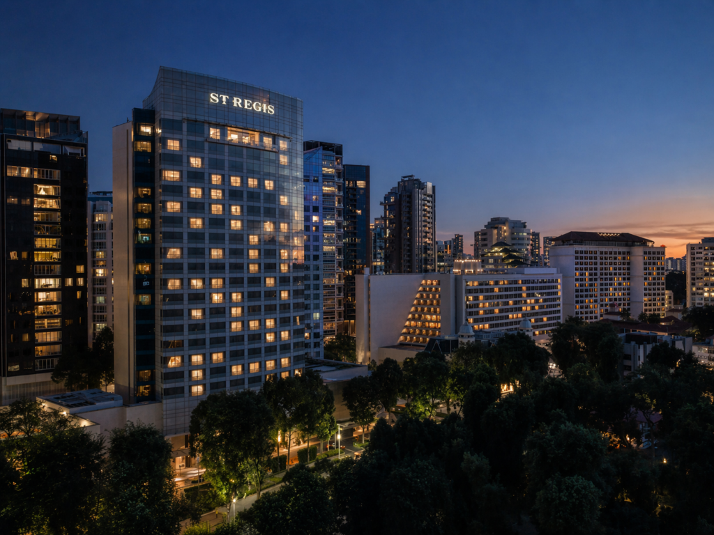 ザ セントレジス シンガポールの夜の外観と周辺の高層ビル