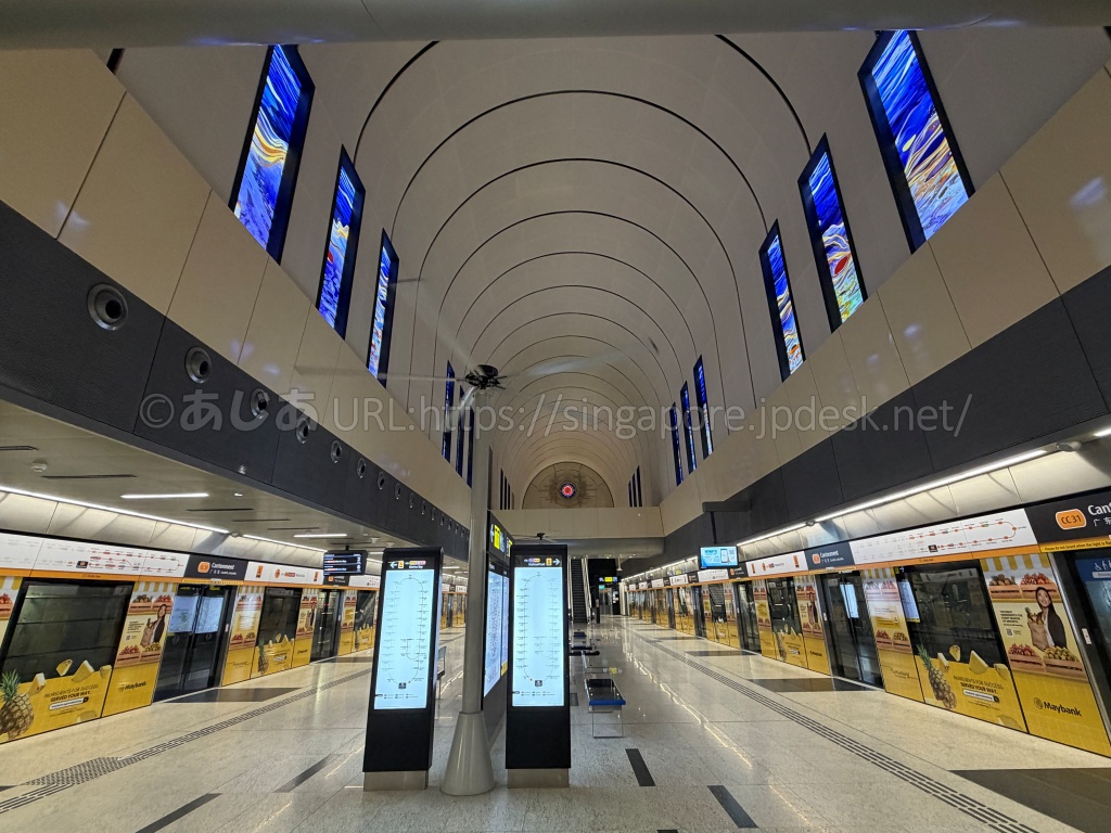 アーチ状の天井とアートがあるCantonment駅ホーム