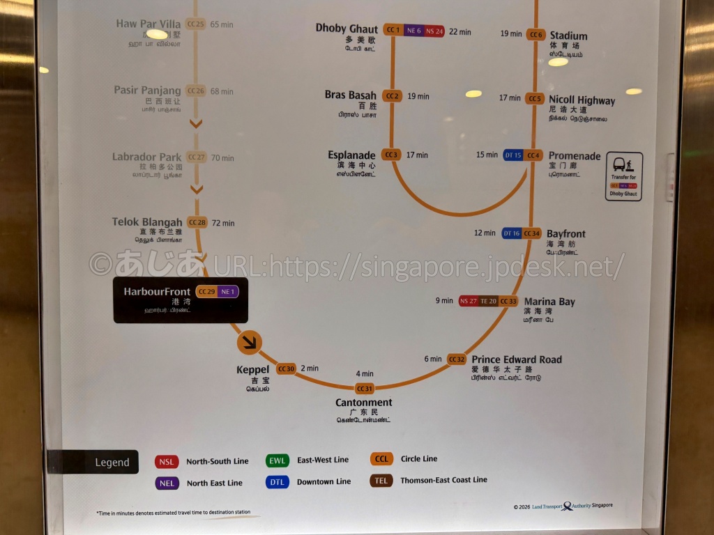 HarbourFrontとMarina Bayを結ぶサークルライン新開通区間の路線図