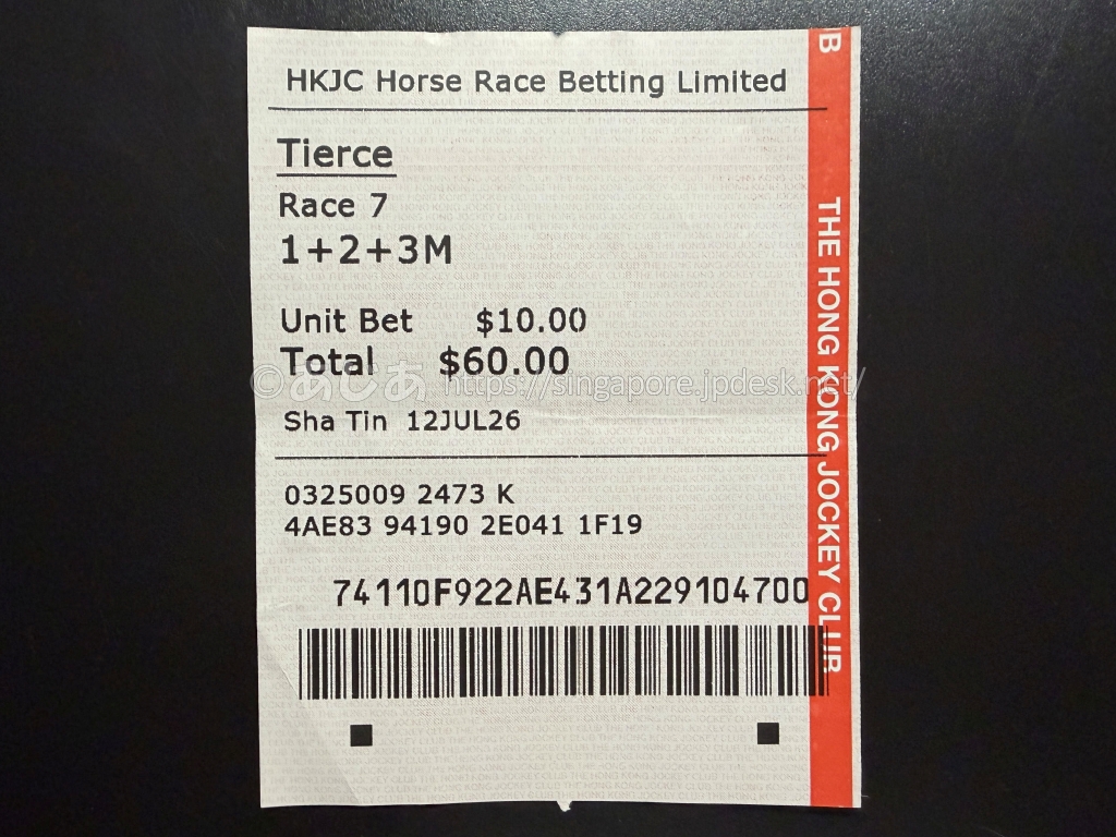 1番2番3番を選んだTIERCE三連単3頭ボックスの馬券