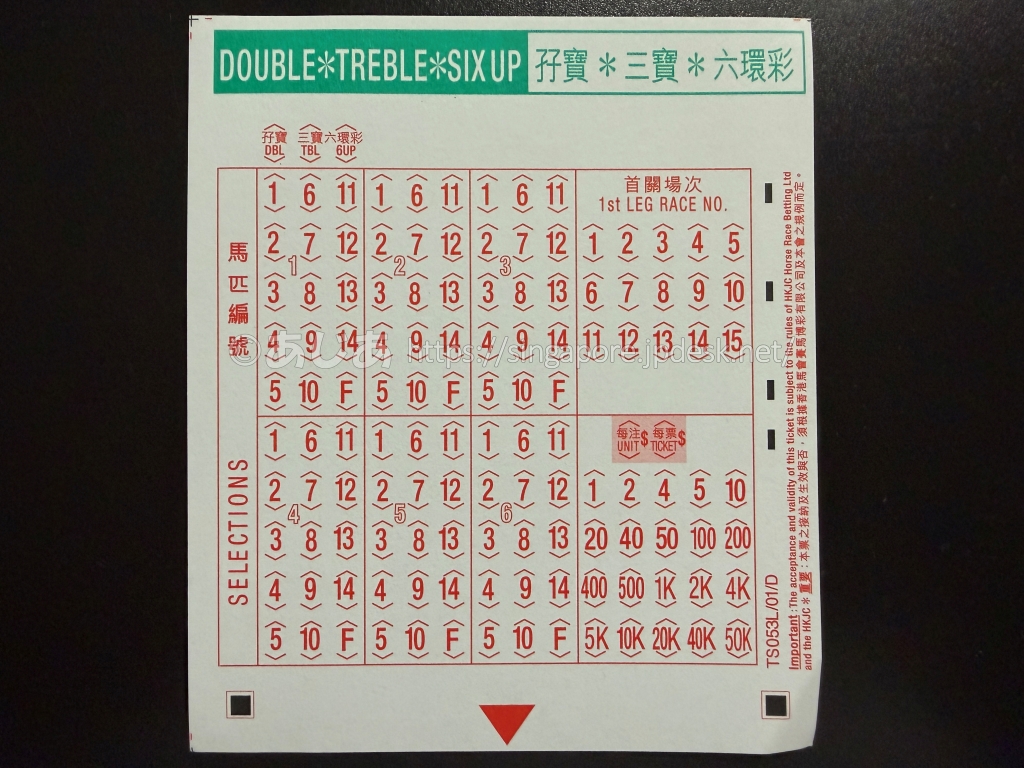 香港競馬のDOUBLE・TREBLE・SIX UP用マークシート