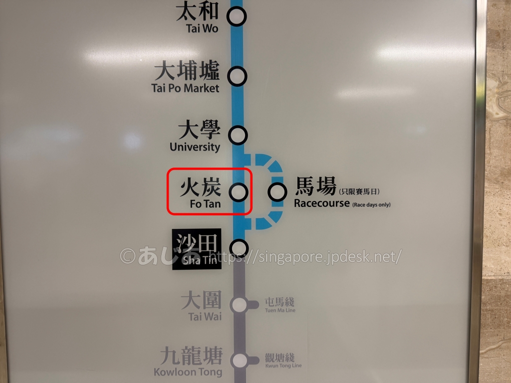 MTR東鉄線の火炭駅と馬場駅への分岐を示す路線図