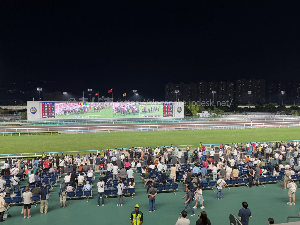 芝とオールウェザーコースを見渡せる夜の沙田競馬場