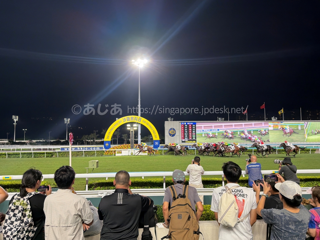 沙田競馬場のゴール前を走る競走馬と観客