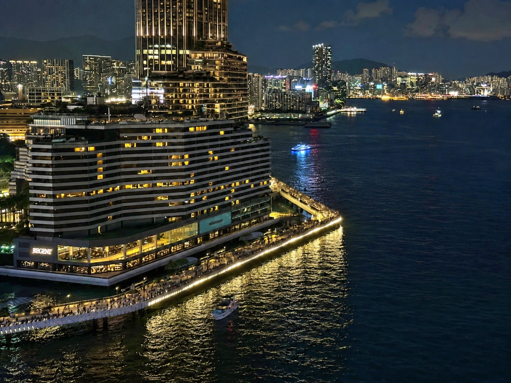 リージェント香港の外観（背景にビクトリア湾）