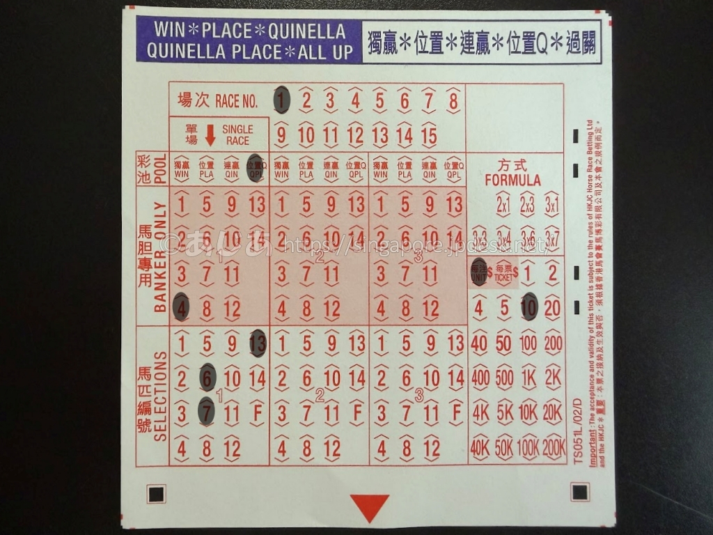 4番を軸に6番7番13番へ流すQUINELLA PLACEワイドの記入例