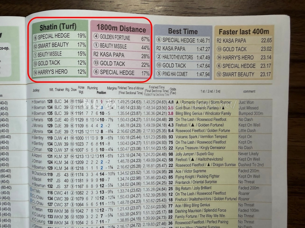 iRACEのSha Tin Turfと1800m Distanceに掲載された同条件の3着内率