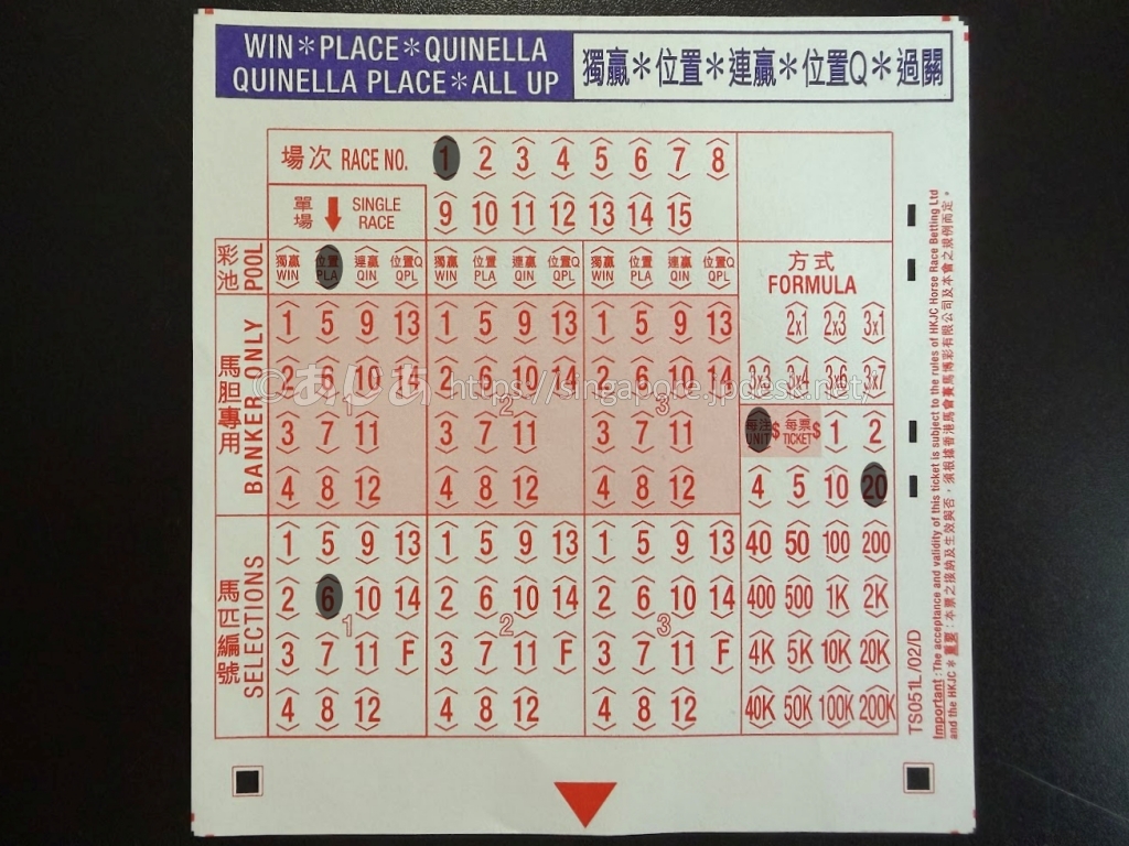 第1レース6番のPLACE複勝を記入した香港競馬のマークシート