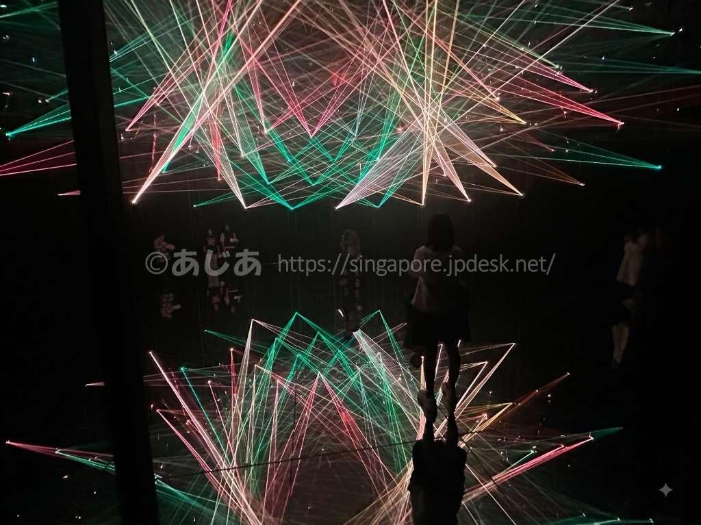 レーザーと鏡が立体的な幾何学模様を描くチームラボの展示