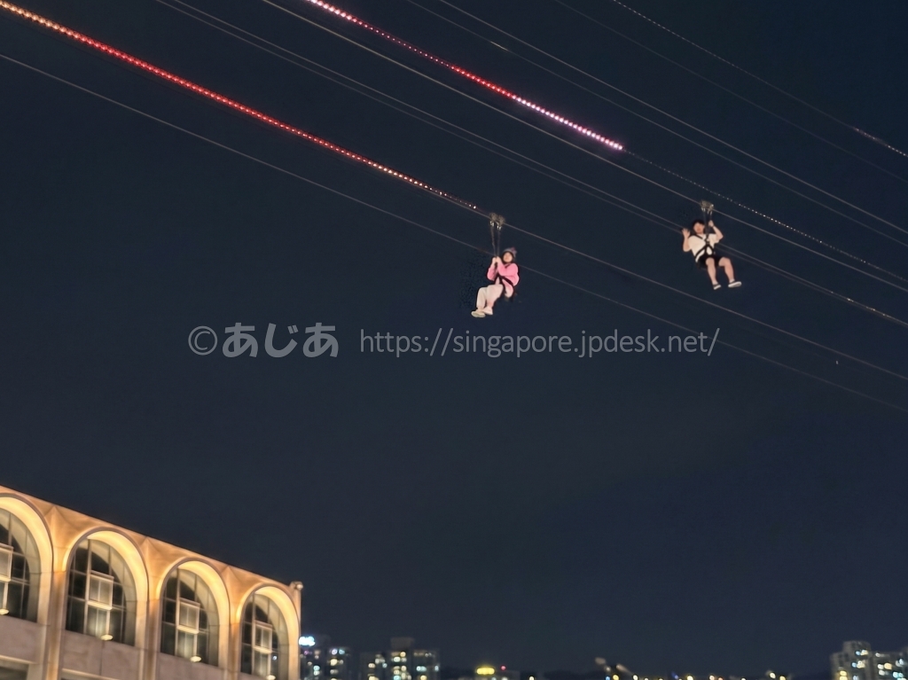 マカオの夜空を並んで滑走するZIPCITYの参加者