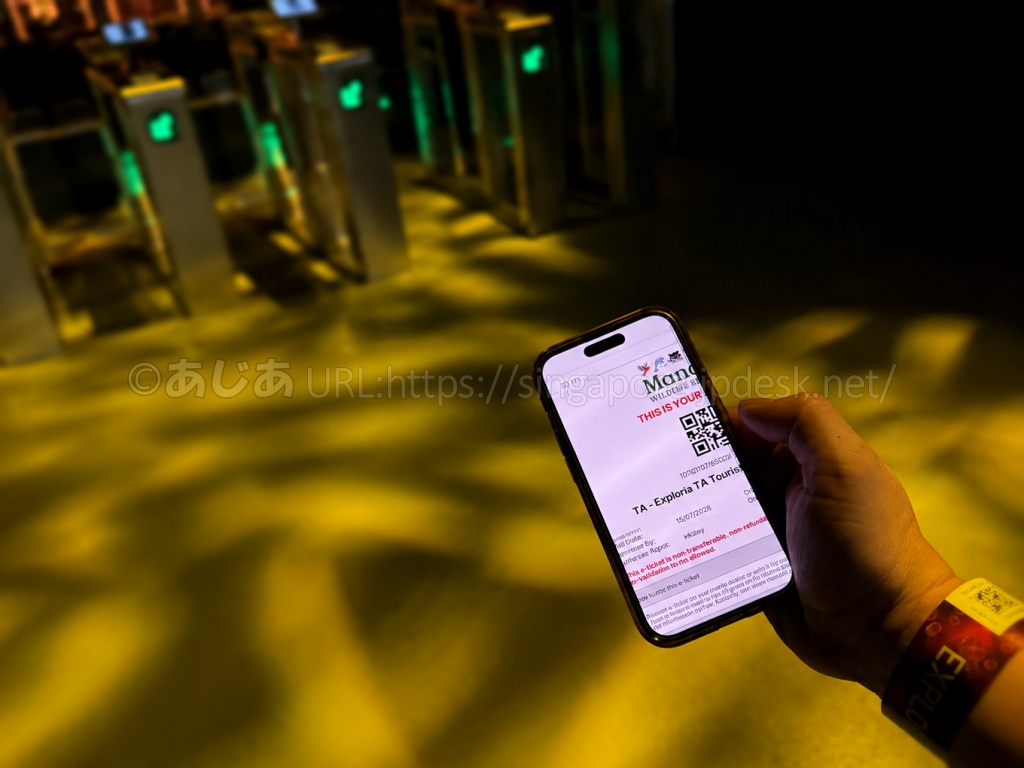 Exploriaの入場ゲートでスマートフォンのeチケットを提示する様子