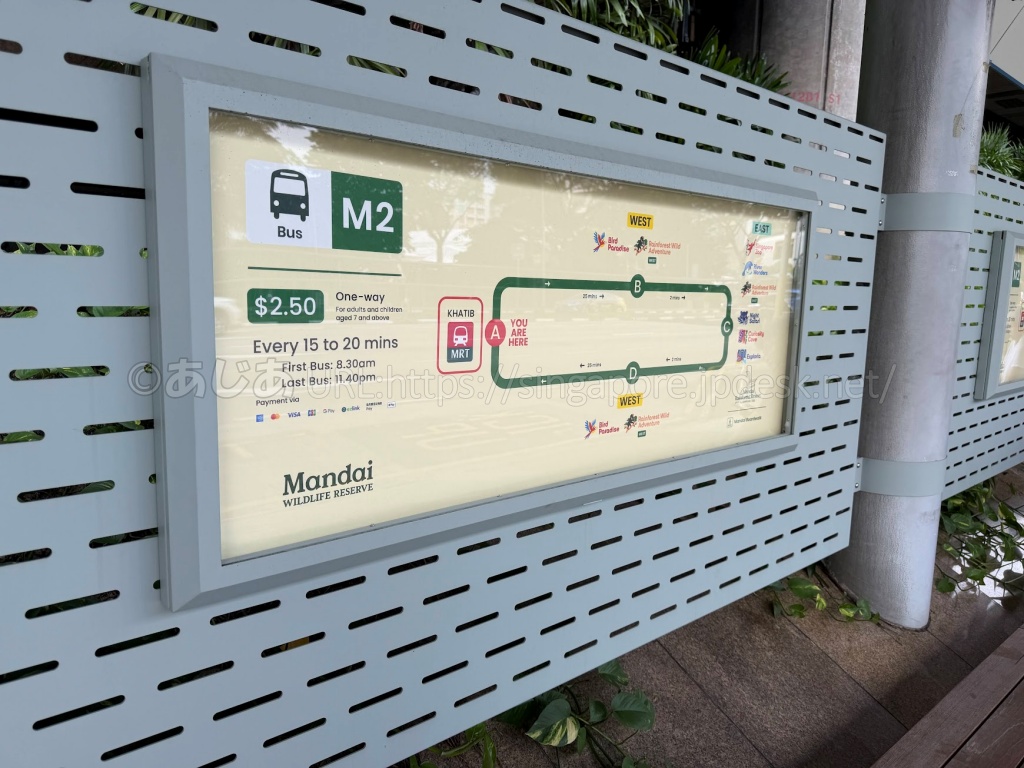 カーティブ駅とMandai Wildlife EAST・WESTを結ぶM2バスのルート案内