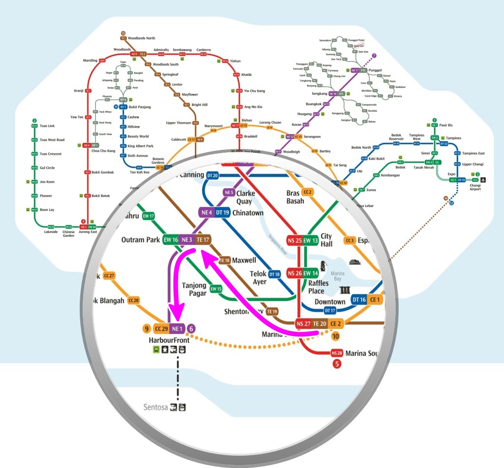 旧路線図。サークルライン南部が開通する前ハーバーフロント駅へのルート