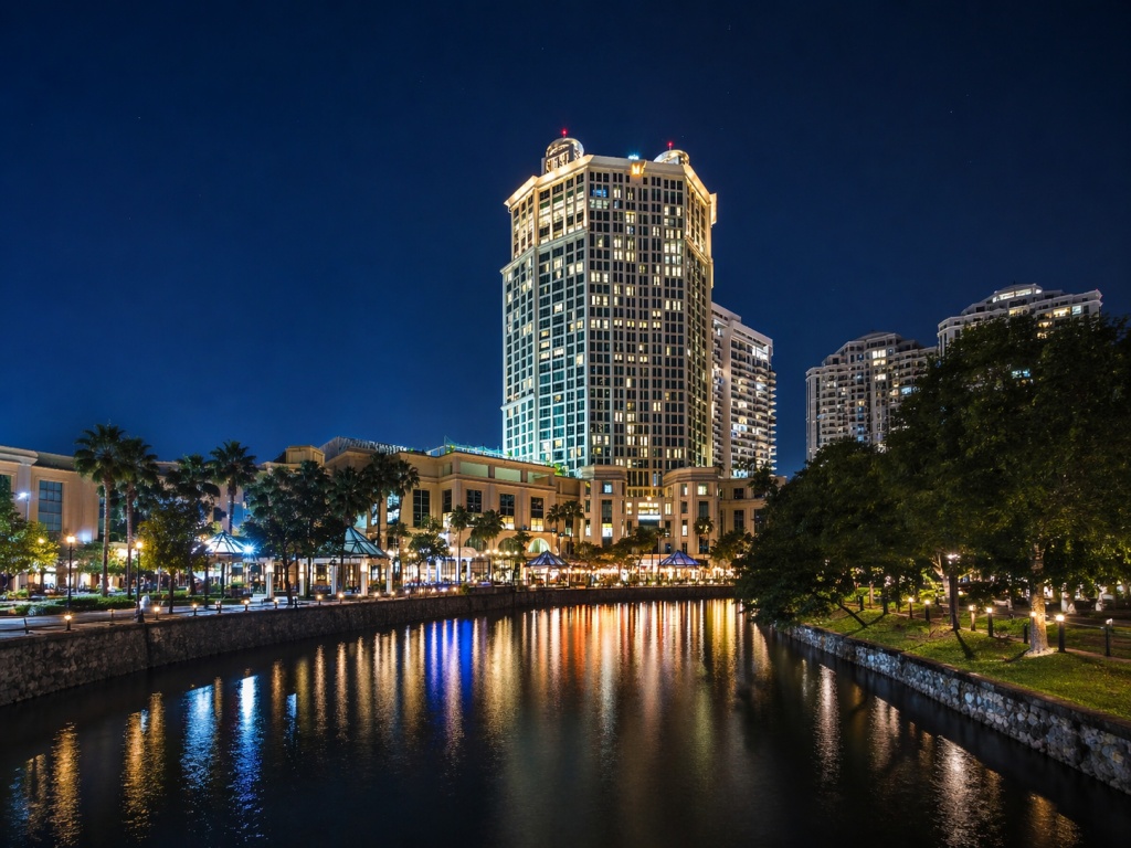 グランド コプソーン ウォーターフロント ホテル シンガポールの夜の外観と川沿いの景色