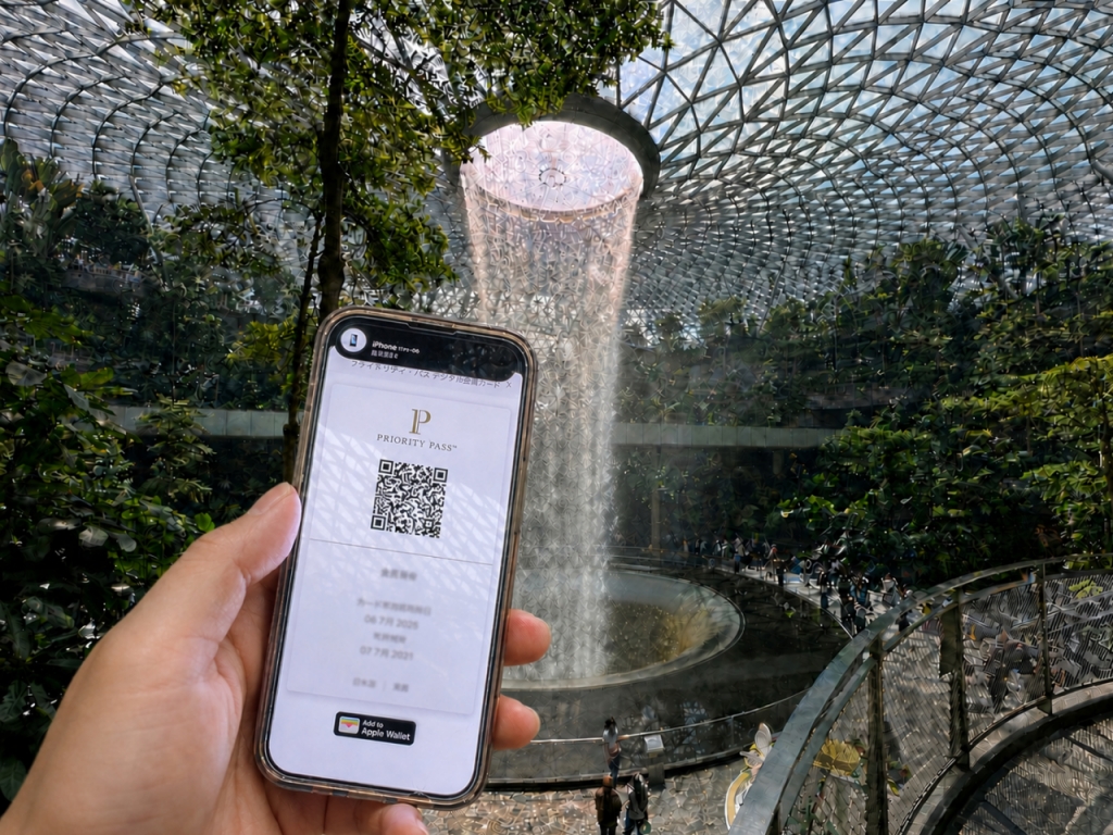 チャンギ空港のJEWELの滝の前でプライオリティパスのアプリの準備をする。