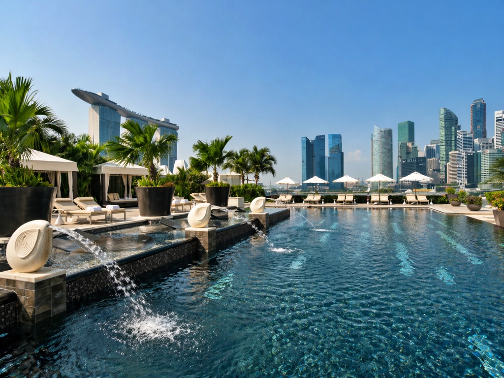 マンダリン オリエンタル シンガポールの屋外プールとマリーナベイの景色