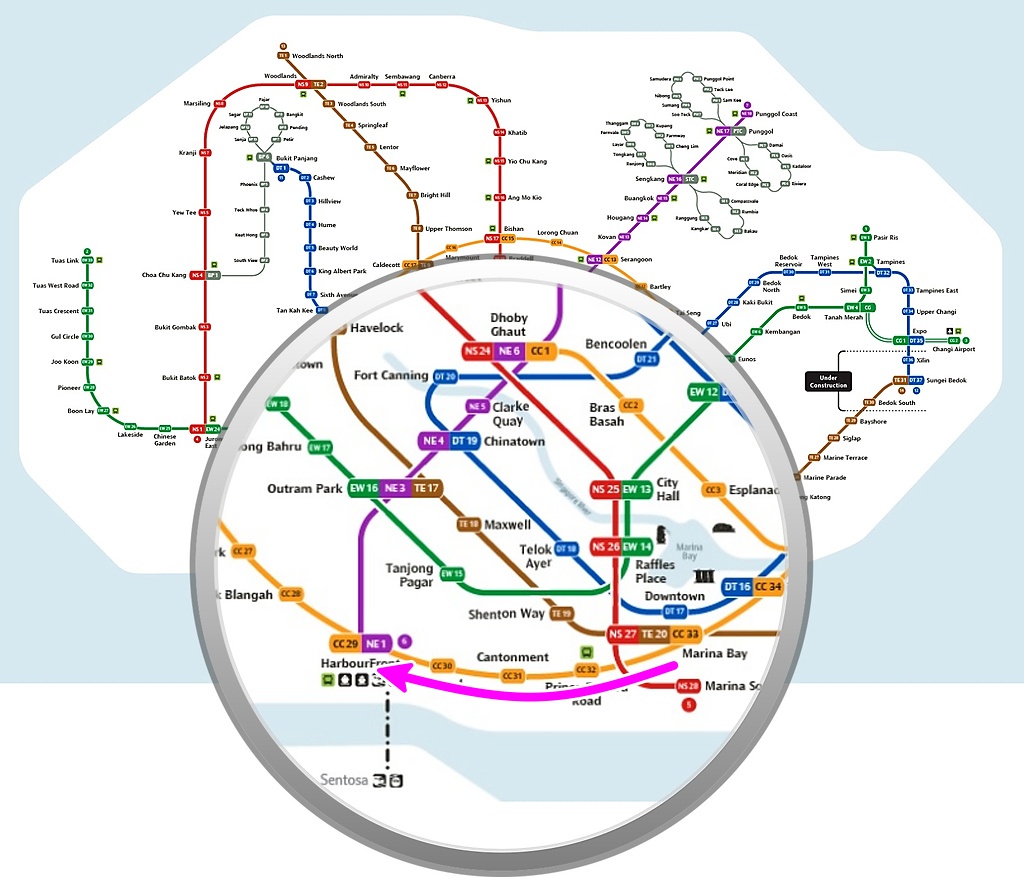 新しい路線図。サークルライン南部が開通後のベイエリアからハーバーフロント駅へのルート