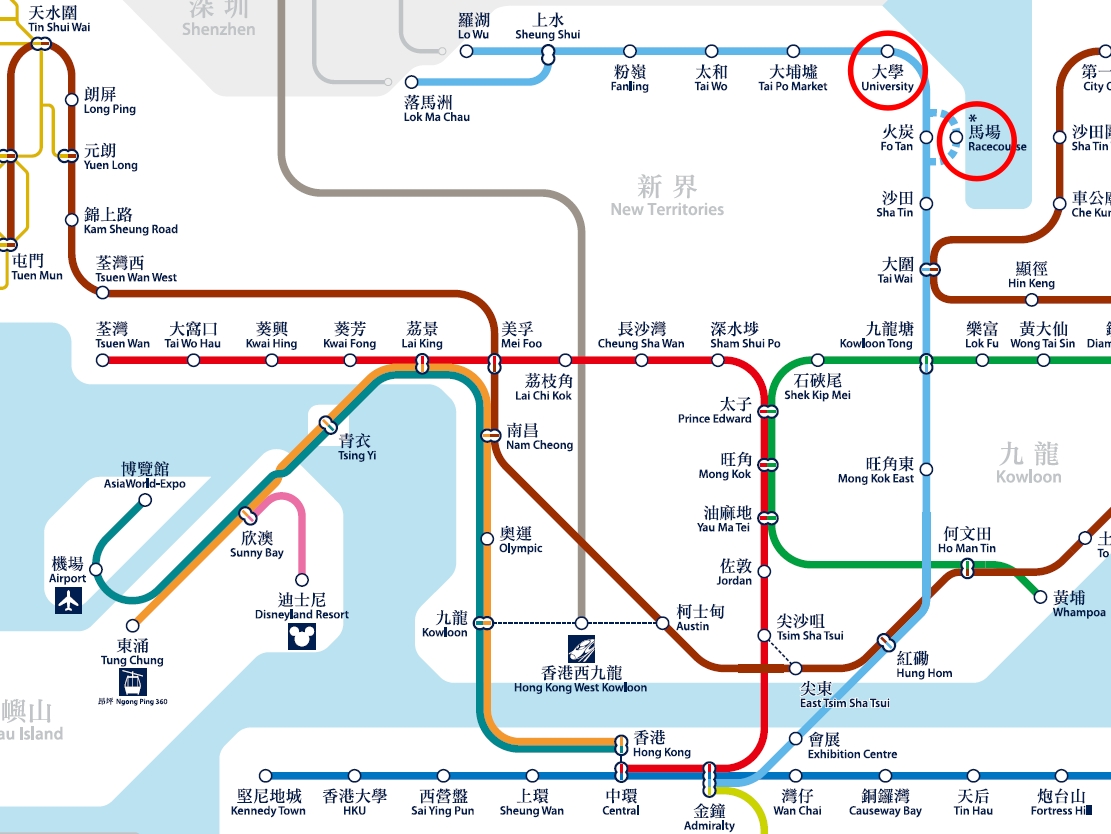 大学駅と沙田競馬場に直結する馬場駅を赤丸で示した香港MTR路線図